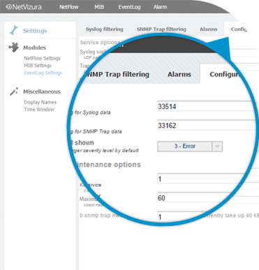 NetVizura EventLog Analyzer - Configuration - syslog and snmp trap 